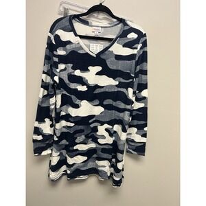 LuLaRoe Blue Camo Elizabeth  Long-Sleeve V-Neck Shirt Tunic  Women's L
